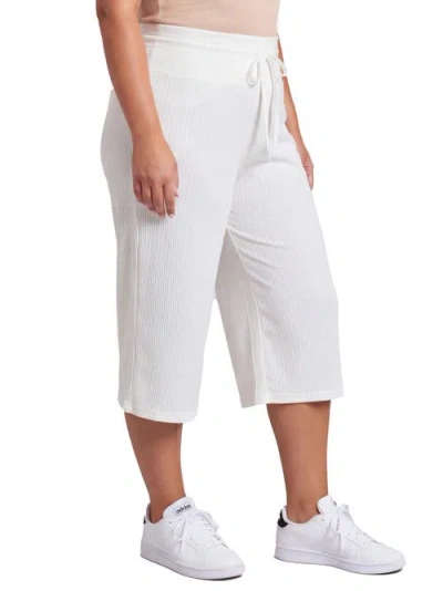 24seven Comfort Apparel Maternity Basic Ribbed Knit Drawstring Flared Capri Pants In White