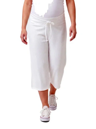 24seven Comfort Apparel Maternity Basic Ribbed Knit Drawstring Flared Capri Pants In White