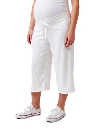 24seven Comfort Apparel Maternity Basic Ribbed Knit Drawstring Flared Capri Pants In White