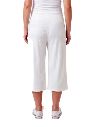 24seven Comfort Apparel Maternity Basic Ribbed Knit Drawstring Flared Capri Pants In White