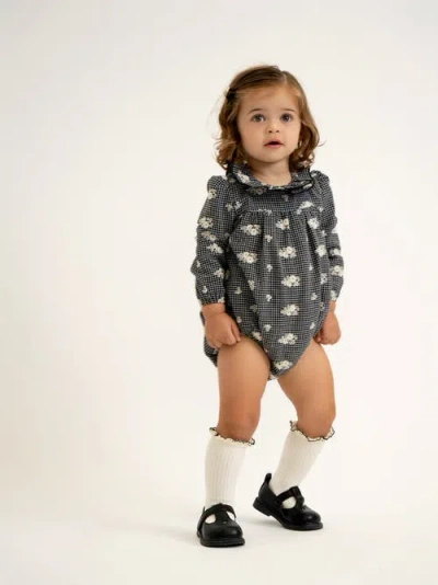 Space Grey Checkered Embroidered Bubble Romper In Black