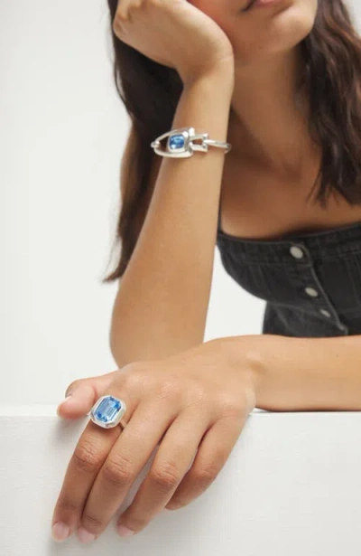 Unode50 Silver-tone Ring With Emerald-cut Blue Crystal In Metallic