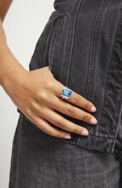 Unode50 Silver-tone Ring With Emerald-cut Blue Crystal In Metallic