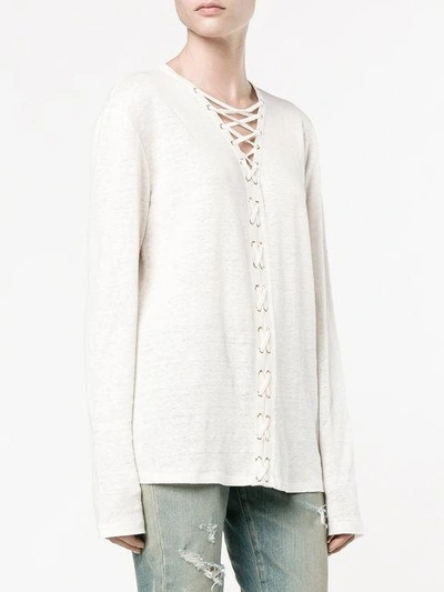 Shop Balmain Lace-up Long Sleeve Top In White