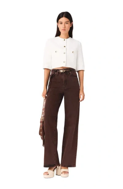 Maje Womens White Cropped Round-neck Linen-blend Jacket