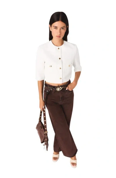 Maje Womens White Cropped Round-neck Linen-blend Jacket