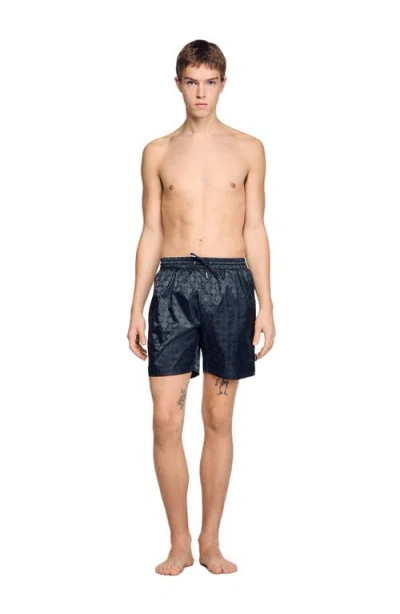 Sandro Drawstring-fastening Patterned Swim Shorts In Gray