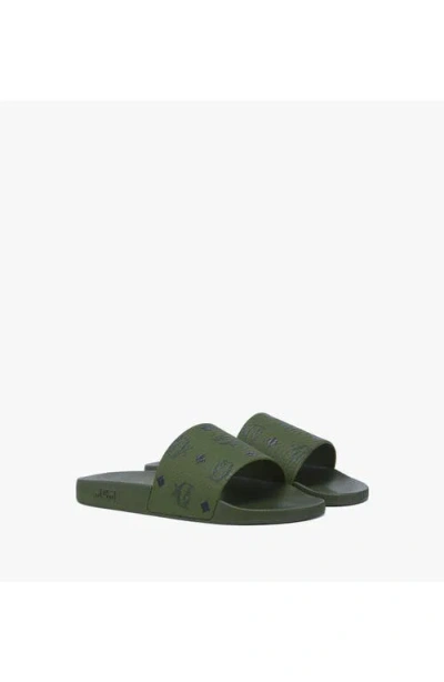 Mcm Monogram Print Rubber Slides In Green