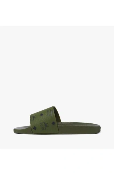 Mcm Monogram Print Rubber Slides In Green