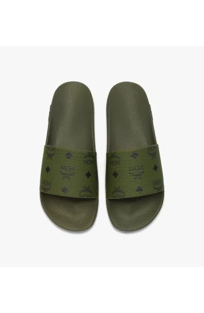 Mcm Monogram Print Rubber Slides In Green
