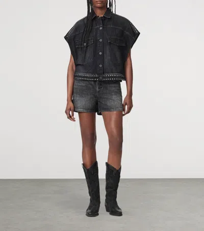 Allsaints Alba Stud Short Sleeve Denim Shirt In Shadow Black