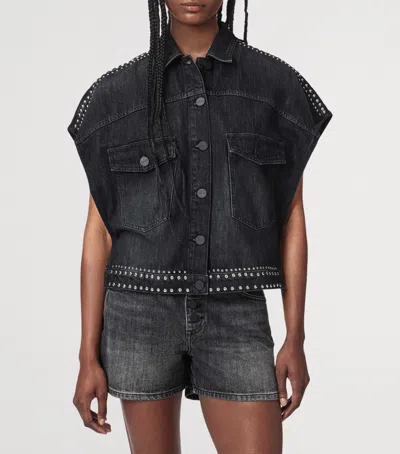 Allsaints Alba Stud Short Sleeve Denim Shirt In Shadow Black