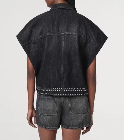 Allsaints Alba Stud Short Sleeve Denim Shirt In Shadow Black