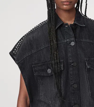 Allsaints Alba Stud Short Sleeve Denim Shirt In Shadow Black