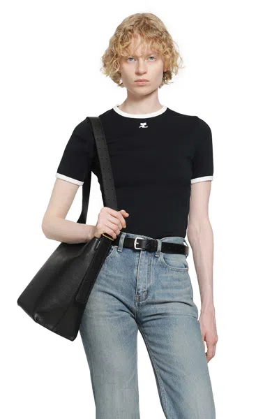 Courrèges Courreges Women Cotton T Shirt With Contrasting Profiles In Black