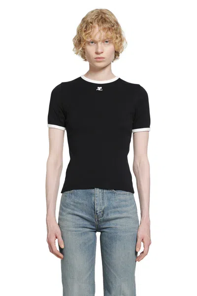 Courrèges Courreges Women Cotton T Shirt With Contrasting Profiles In Black