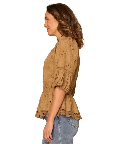 Democracy Petite Bubble-sleeve Split Neck Top In Multi