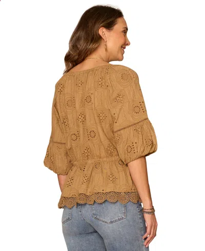 Democracy Petite Bubble-sleeve Split Neck Top In Multi