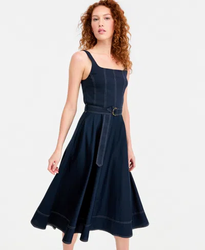 Tommy Hilfiger Contrast Stitch Belted Midi Dress In Blue