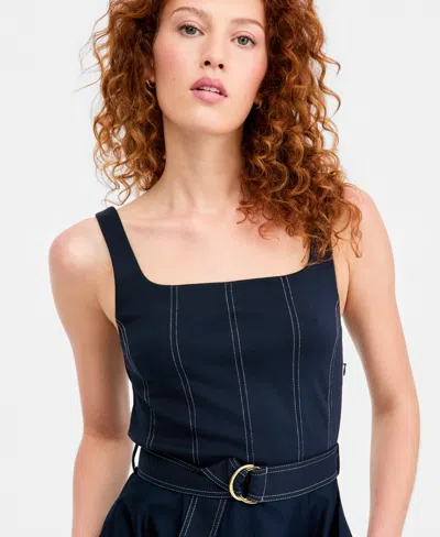 Tommy Hilfiger Contrast Stitch Belted Midi Dress In Blue