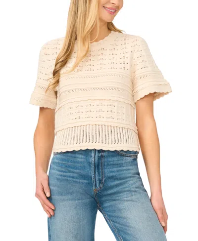 Cece Mixed Pointelle Stitch Cotton Sweater In White