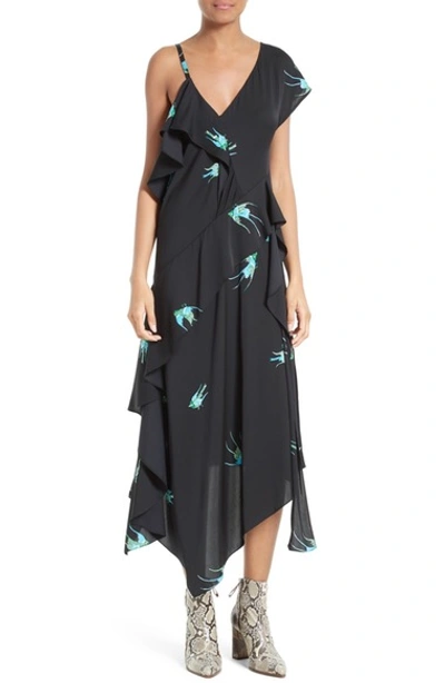 Shop Diane Von Furstenberg Asymmetrical Ruffle Midi Dress In Black