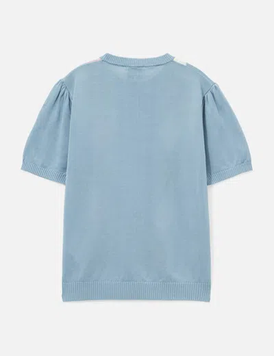 Ganni Argyle-pattern Puff-sleeve T-shirt In Blue