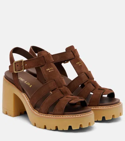 Prada High-heeled Suede Platform Sandals In Brown