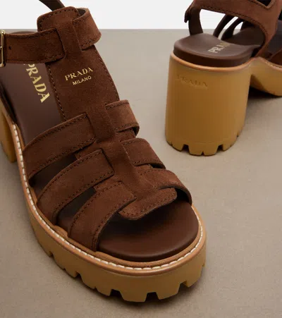 Prada High-heeled Suede Platform Sandals In Brown