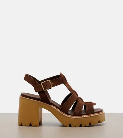 Prada High-heeled Suede Platform Sandals In Brown