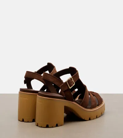 Prada High-heeled Suede Platform Sandals In Brown
