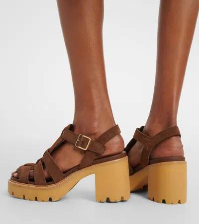 Prada High-heeled Suede Platform Sandals In Brown