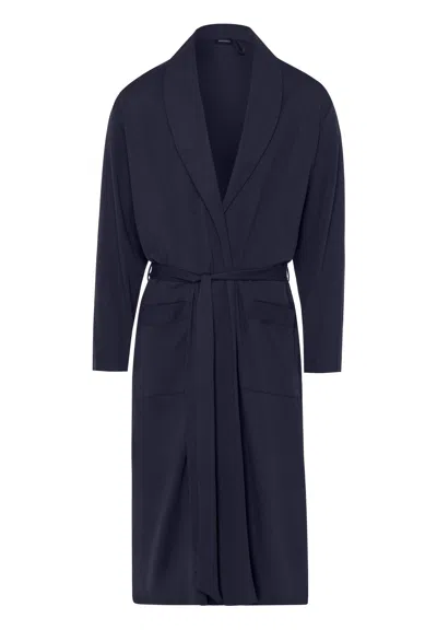 Hanro Night And Day Shawl Collar Cotton Robe 120cm In Deep Navy