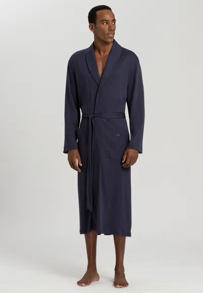 Hanro Night And Day Shawl Collar Cotton Robe 120cm In Deep Navy
