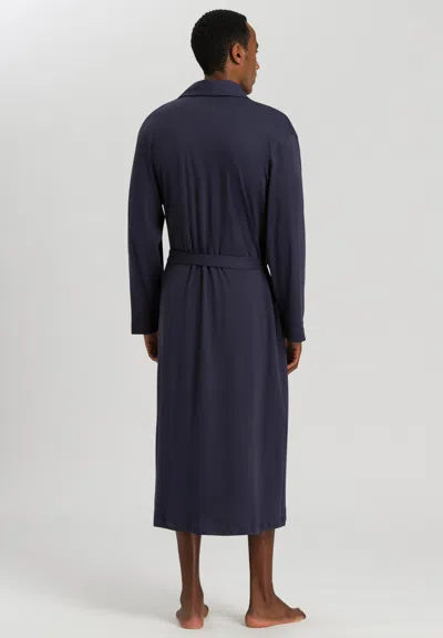 Hanro Night And Day Shawl Collar Cotton Robe 120cm In Deep Navy