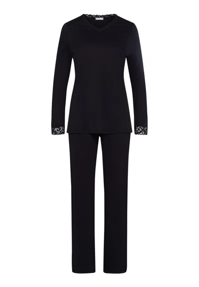 Hanro Moments Cotton Lace Trim Pajamas Set In Black