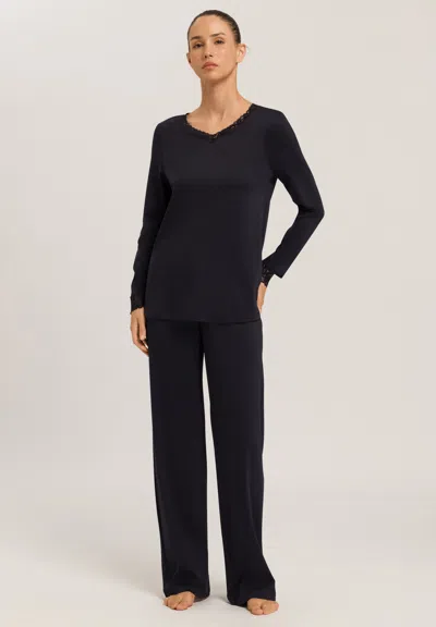 Hanro Moments Cotton Lace Trim Pajamas Set In Black