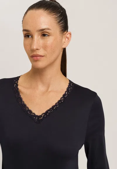 Hanro Moments Cotton Lace Trim Pajamas Set In Black