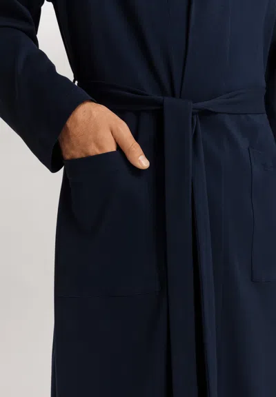 Hanro Night And Day Shawl Collar Cotton Robe 120cm In Deep Navy