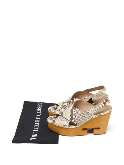 Pre-owned Tory Burch Python-embossed Cork Wedge Sandals In Neutral