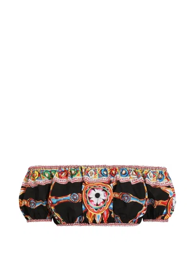 Dolce & Gabbana Carretto Off-the-shoulder Cropped Printed Cotton-poplin Top In Multi