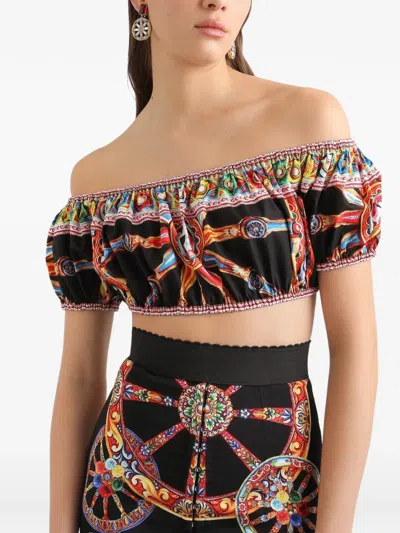 Dolce & Gabbana Carretto Off-the-shoulder Cropped Printed Cotton-poplin Top In Multi