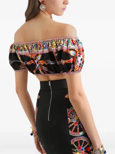 Dolce & Gabbana Carretto Off-the-shoulder Cropped Printed Cotton-poplin Top In Multi