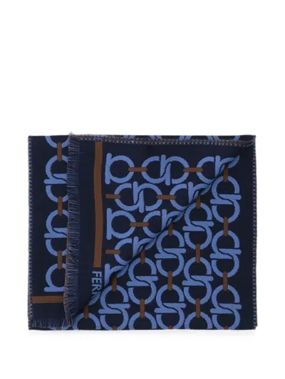 Ferragamo Wool Hook Pattern Fringed Scarf In Blue