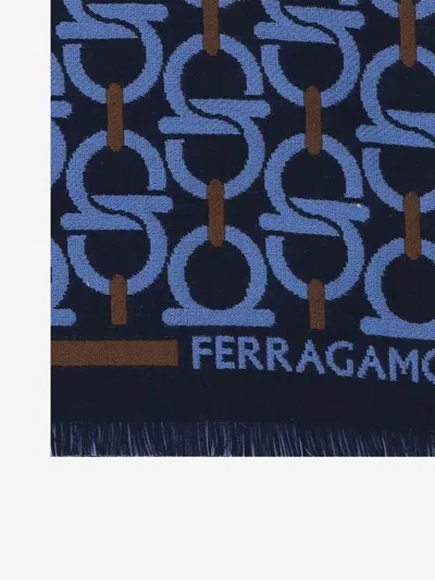 Ferragamo Wool Hook Pattern Fringed Scarf In Blue