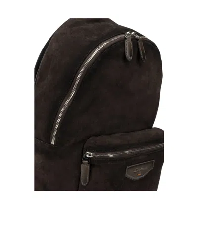 Santoni Suede Backpack Adjustable Straps Top Handle In Brown
