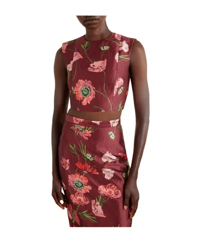 Erdem Floral-print Crinkled Satin Cropped Top In Burgundy