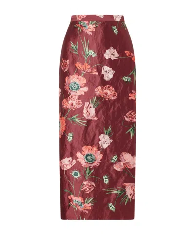 Erdem Floral-printed Satin Midi Pencil Skirt In Burgundy