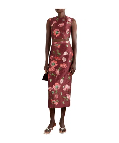 Erdem Floral-printed Satin Midi Pencil Skirt In Burgundy