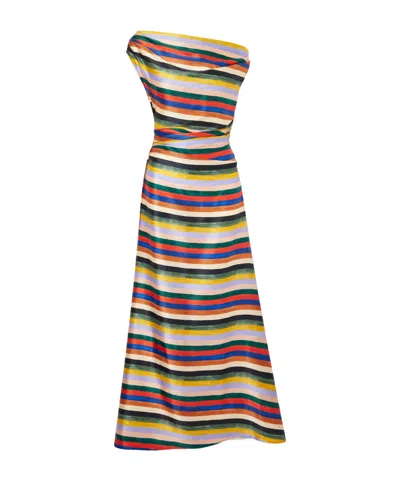 Staud Phare One-shoulder Draped Striped Silk-blend Satin Maxi Dress In Multi